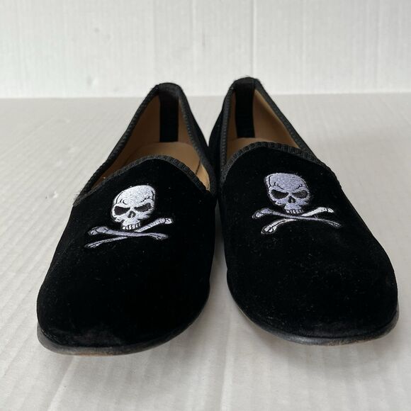 Del Toro Black Velvet Loafers Skull & Crossbones Size 9 Slip On Flats Italy Made main image 13